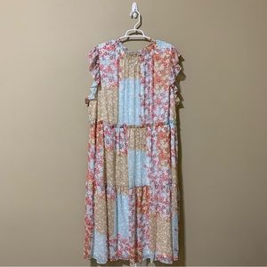 DKNY Women's Printed Mock-Neck Flutter-Sleeve Ruffled Tiered Dress-Size 20W NWT